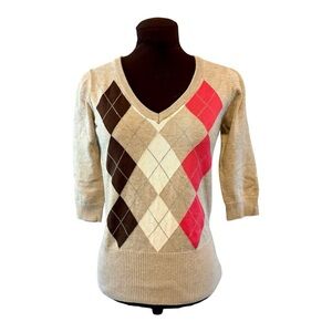 Herbench Tan V-Neck Sweater Pink Brown White Argyle Pattern, Womens size Small